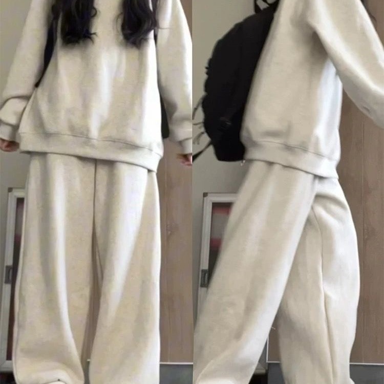 秋冬新款加绒加厚保暖卫衣套装女简约百搭大码宽松休闲运动两件套|undefined