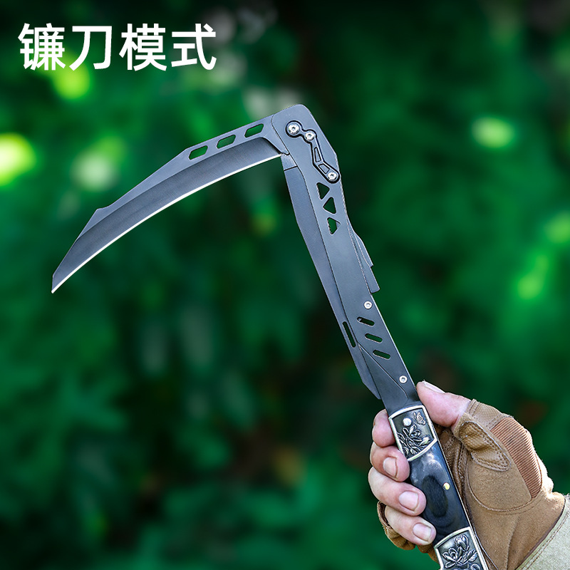 户外不锈钢两用割禾除草镰农用木柄锯齿镰收割柴竹开路园林镰刀
