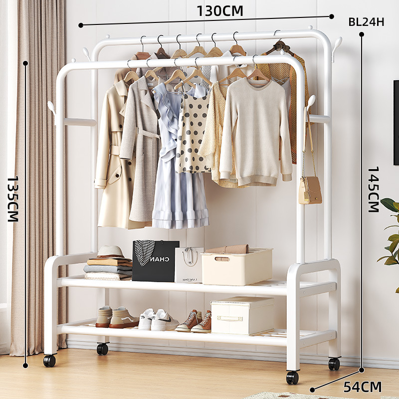 이중 극*이중층 130cm 흰색 도르래 수납 선반 옷걸이 4개