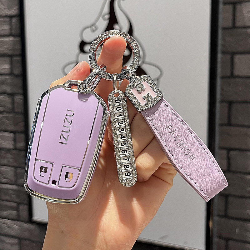 이스즈-스마트 2 키 [싱글 쉘 퍼플] + 퍼플 H 가죽 로프 드릴 버클 + 실버 번호판