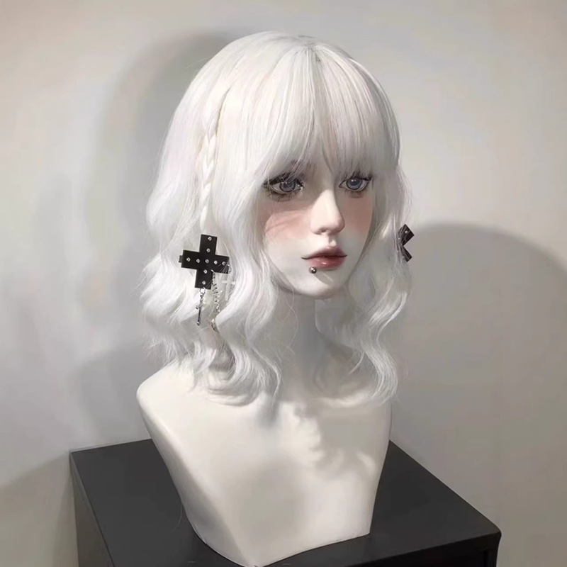 Short Curly Water Wave Egg Roll White Full Head Wig, Short Curly Hair Lolita Daily Realistic Wig in Stock Short Curly Water Wave Egg Roll White Full Head Wig, Short Curly Hair Lolita Daily Realistic Wig in Stock