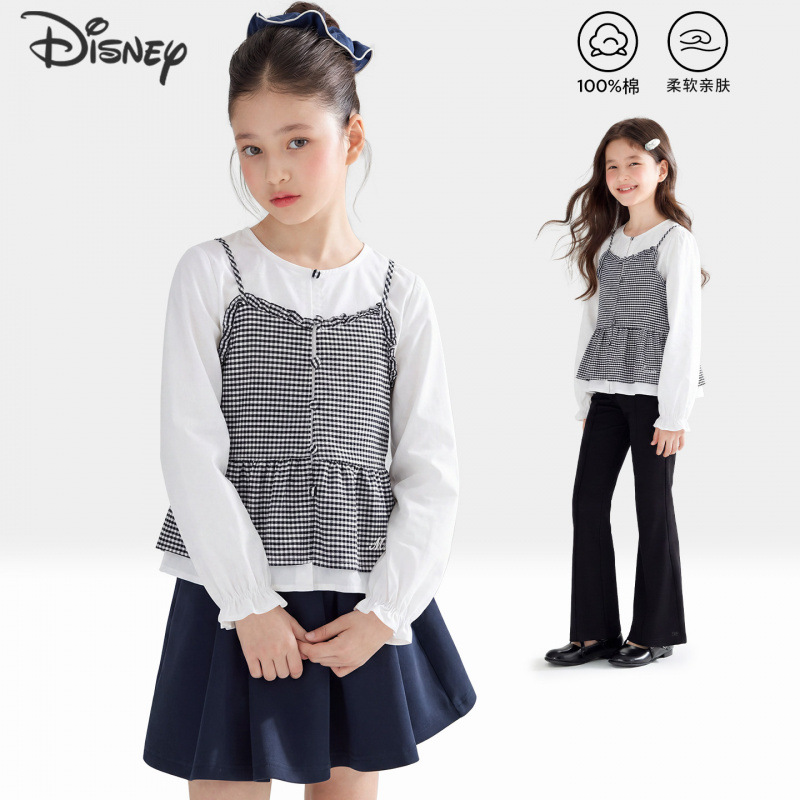 Girls' long-sleeved shirt, new spring and autumn style, pure cotton, faux two-piece long-sleeved top, fashionable base shirt for girls.