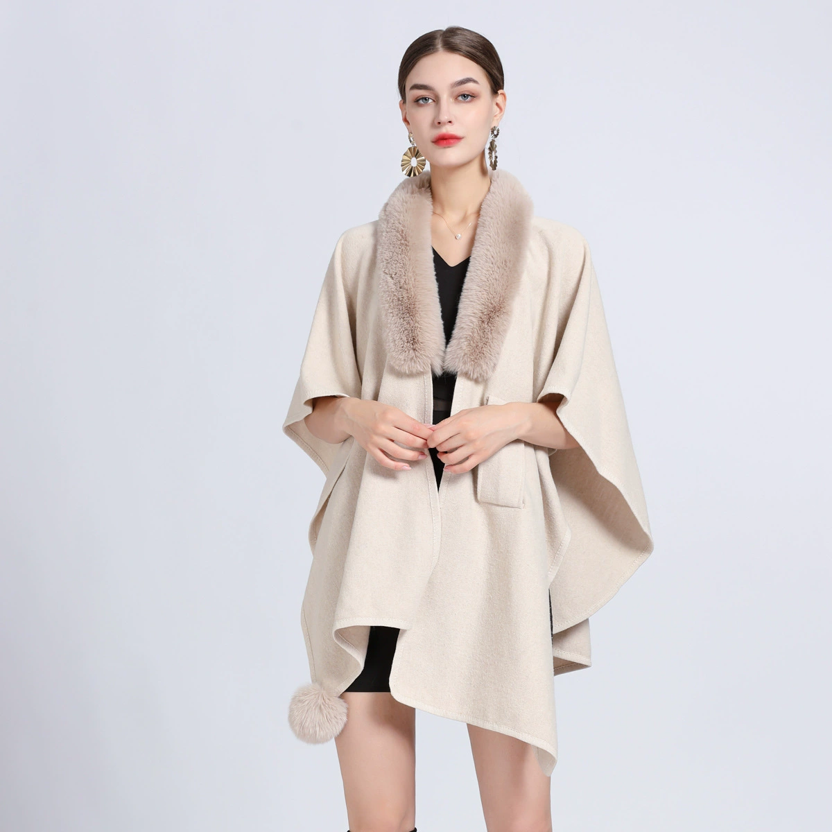 Новый зимний Имитация меха кролика рекс воротник накидка шаль Свободный вязаный кардиган шерстяное пальто ветрозащитное пальто женская оптовая продажа