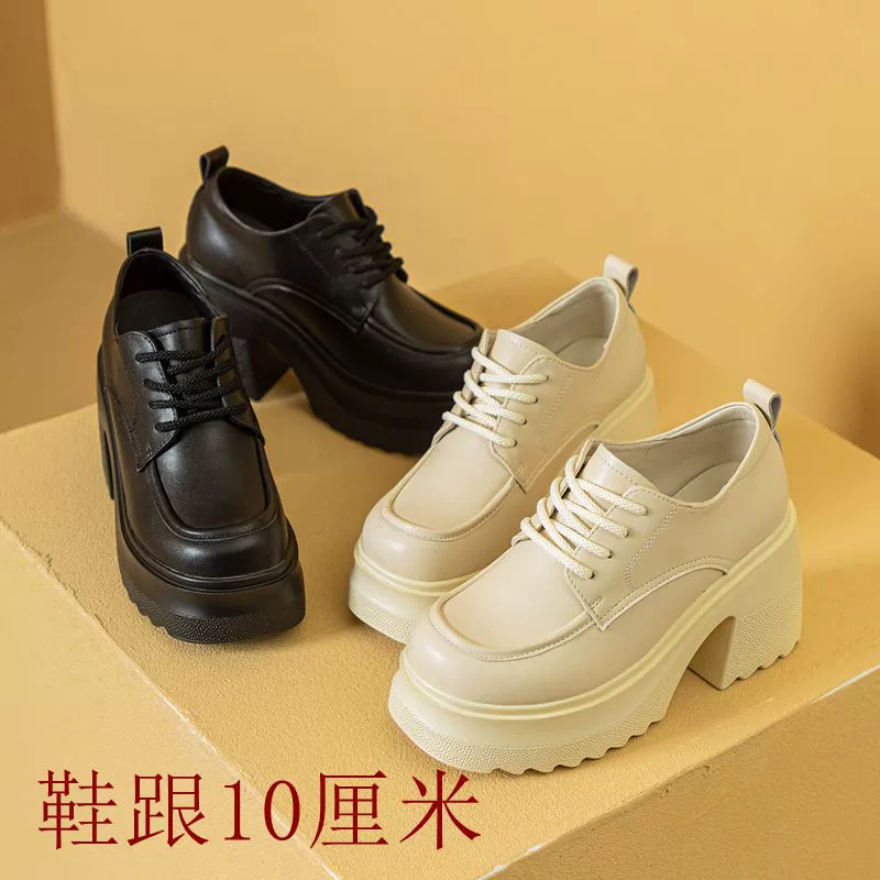 Толстые каблуки из кексов с толстым дном 10 см маленькие кожаные туфли 2024 весна и осень новые увеличенные внутри дикие кожаные женские одиночные туфли