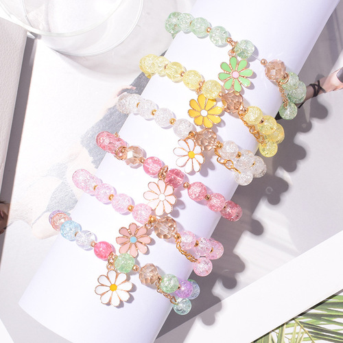 New style small fragrant style crystal beaded colorful daisy bracelet student girl glazed elastic bracelet hand ornaments