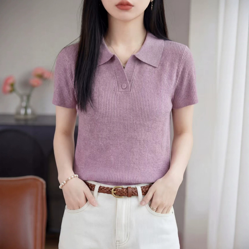 Elegant Polo Collar Short-Sleeve Knit Cardigan for Women, Single-Button Ribbed Summer New Style Slim-Fit Fine-Spun Wool T-Shirt