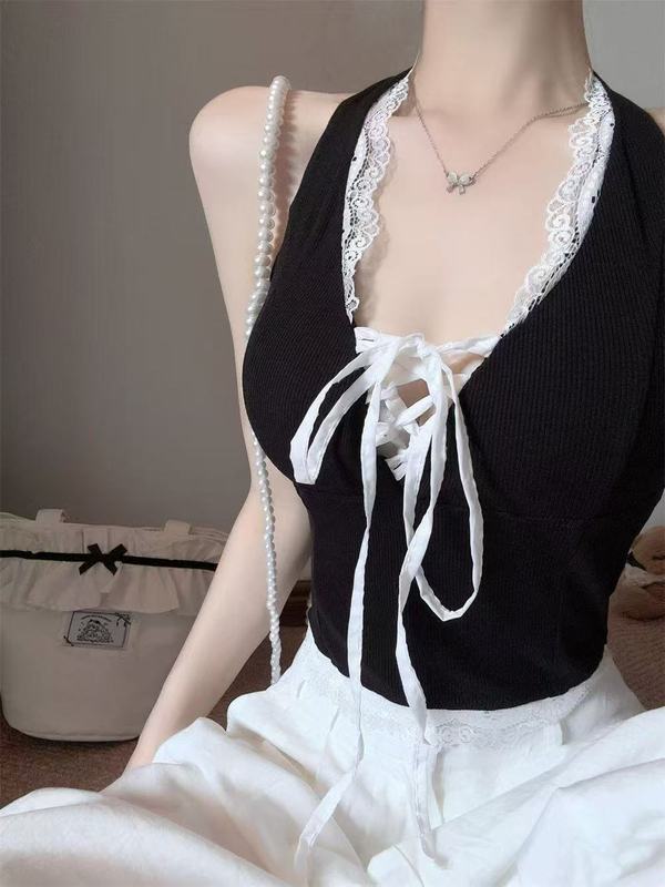 10147#人棉纯欲V领花边拼接挂脖绑带吊带背心辣妹露背修身上衣|undefined