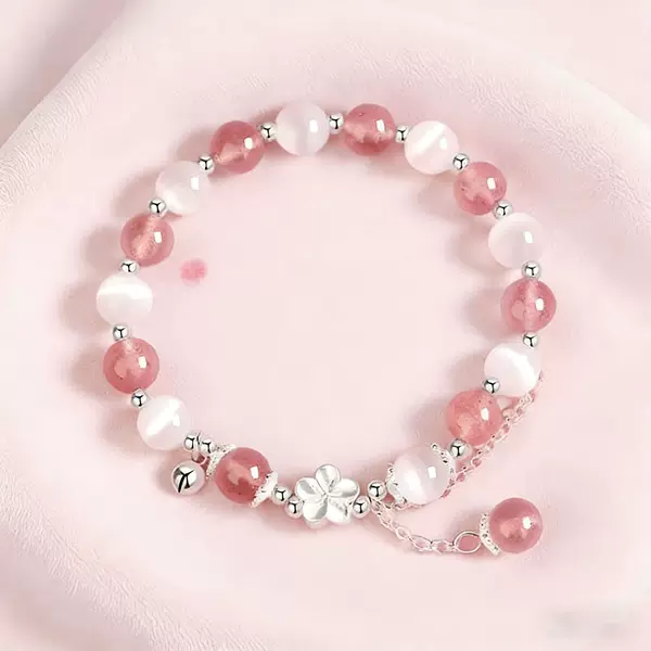 New Year's Blessing Hot-Selling Strawberry Crystal Flower-Shaped Peach Crystal Bracelet with Genuine Cat's Eye Stone for the Year of Birth