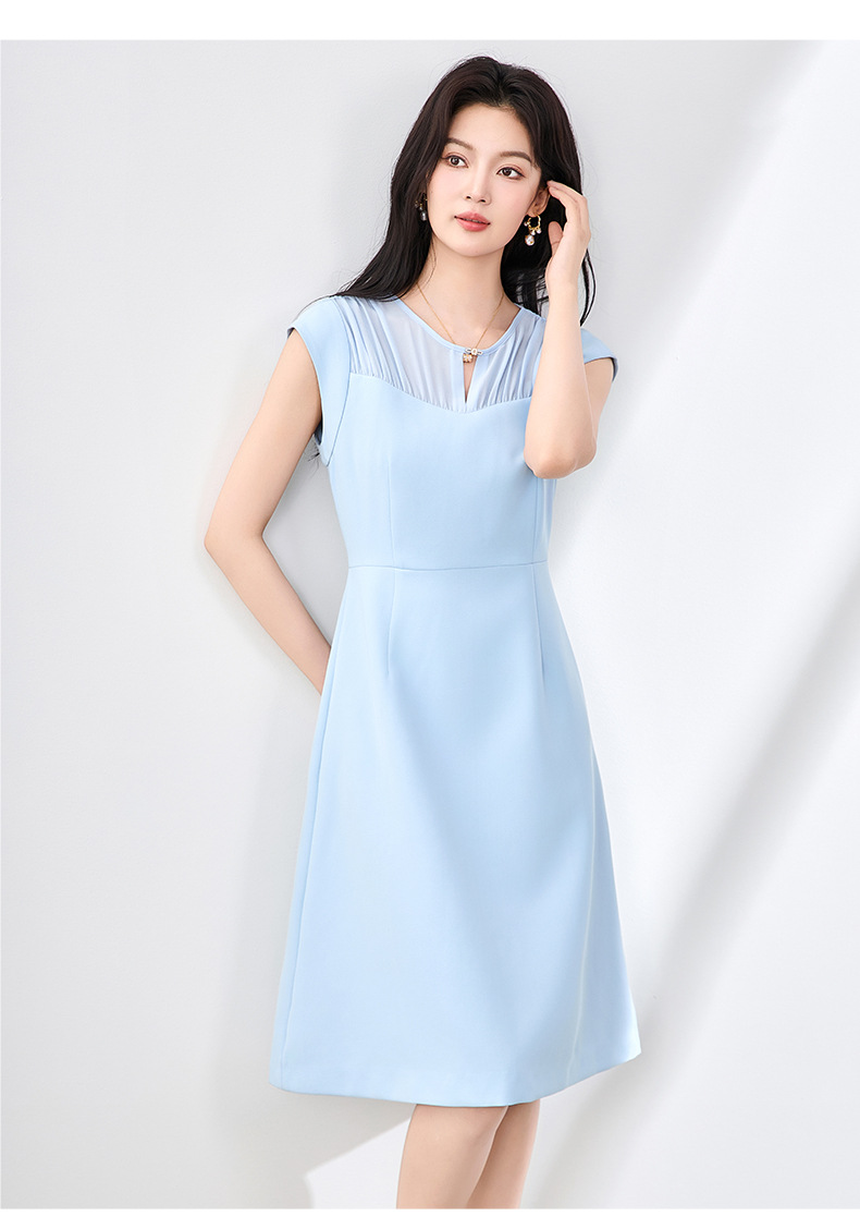 Đầm vest chữ A không tay phối voan mùa hè — Màu xanh da trời chi tiết 12