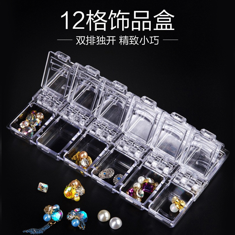 Nail Art Accessories Storage Box with 12 Compartments for Nail Rhinestones, Separate Decoration Box, Transparent Acrylic Box, Multi-Color