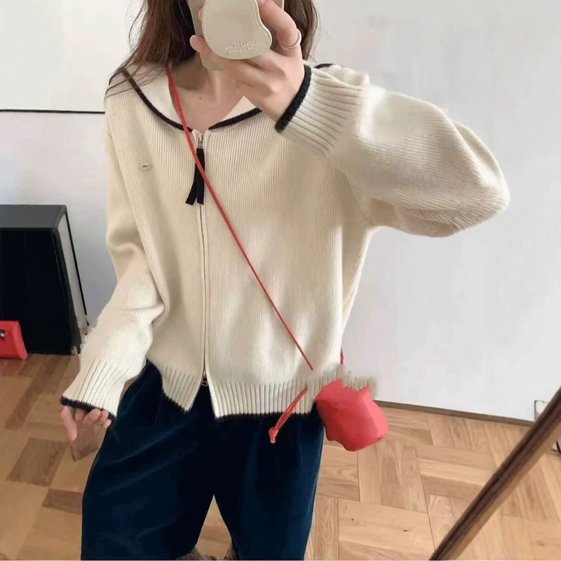 Elegant navy collar zippered knit cardigan for women, Korean-style loose top coat, stylish and youthful sweater Elegant navy collar zippered knit cardigan for women, Korean-style loose top coat, stylish and youthful sweater