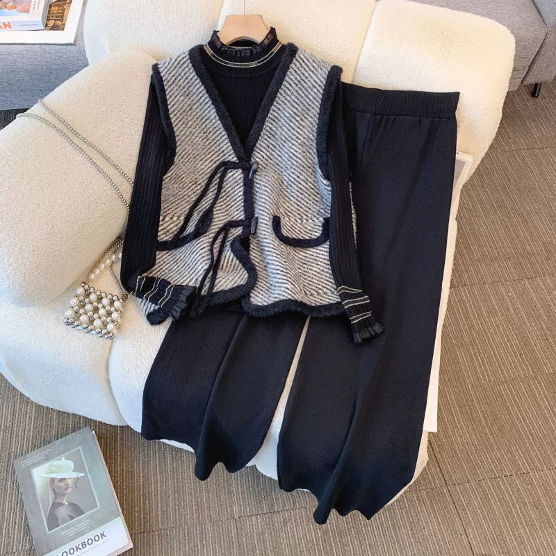 Мама средних лет осенняя новая тысяча птиц жилет из трех частей трикотажный большой размер костюм для пожилых женщин