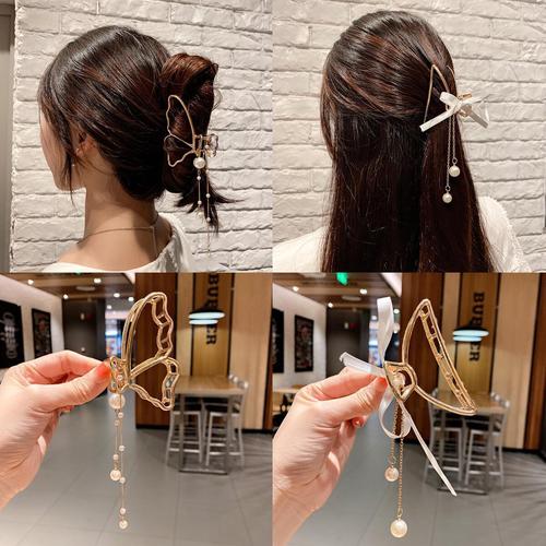 Mesh bow clip Korean-style pearl tassel pendant hair clip ancient style super fairy temperament hair accessory hair shark clip