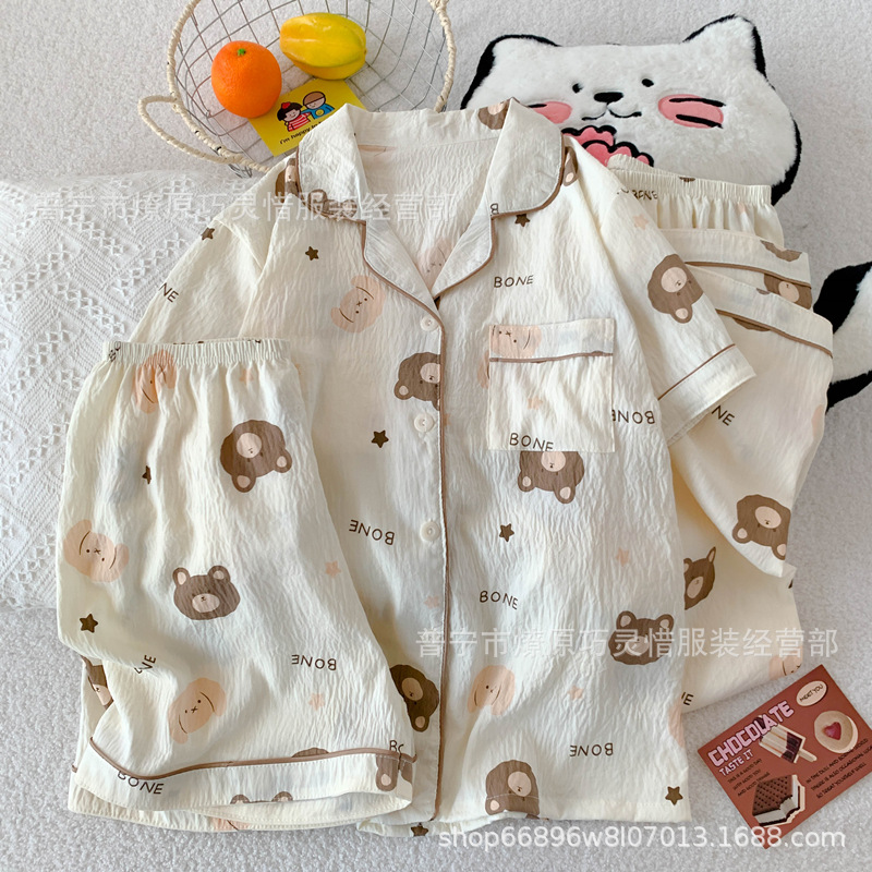 Pajamas de tres piezas de torta de oso para mujeres de verano, pantalones de manga corta, nubes de algodón adorable, viento en 2025 nueva ropa para el hogar