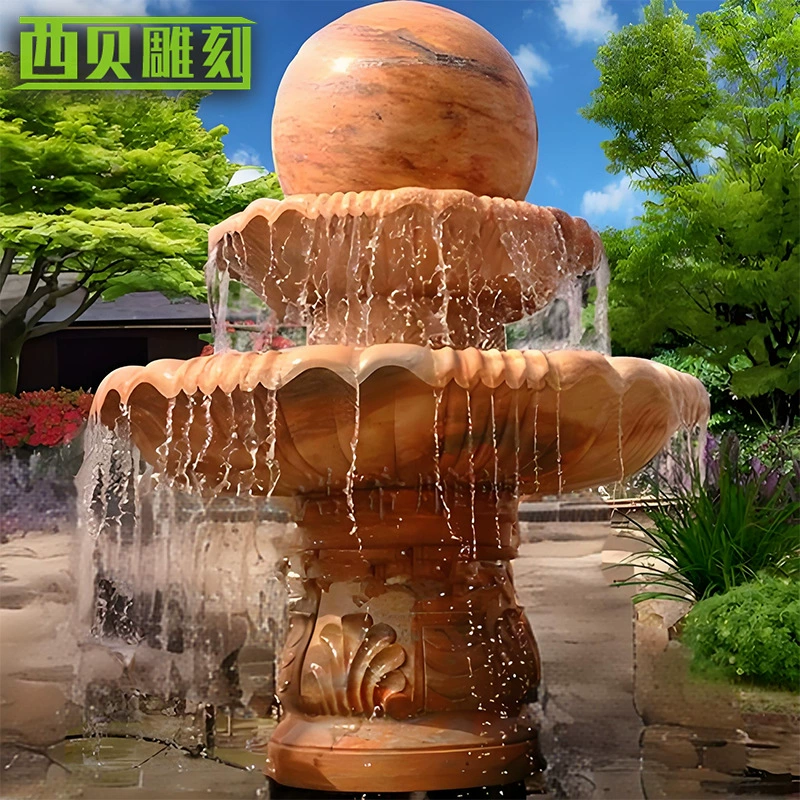 Мраморный многослойный фонтан с водяным шаром для входа в сад, закатный красный и желтый ржавый каменный шар, многослойная скульптура фонтана