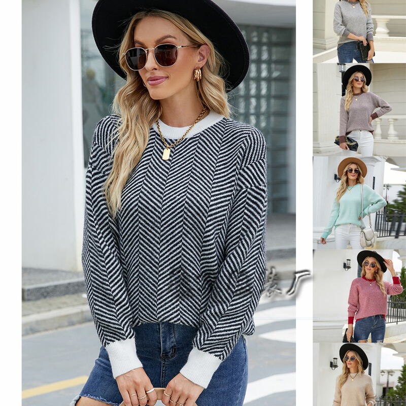 Autumn and Winter 2022 Cross-border Amazon Striped Foreign Trade Fashion Long Sleeve Crewneck Knitted Loose Stitching Pullover Sweater for Women