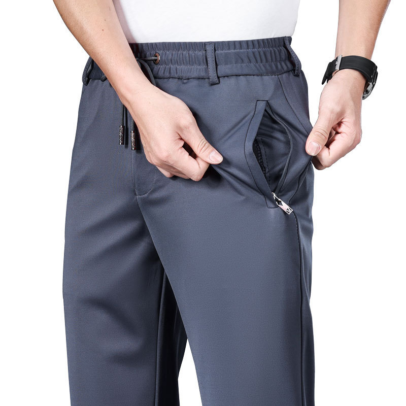Pantalones de hombre de cintura elástica de verano, pantalones casuales de negocios elásticos rectos sueltos, pantalones deportivos ligeros para jóvenes y de mediana edad, pantalones de seda helada
