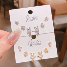 2025新品精致俏皮兔子锆石三对装耳钉 韩版银针高级感6件套装耳钉