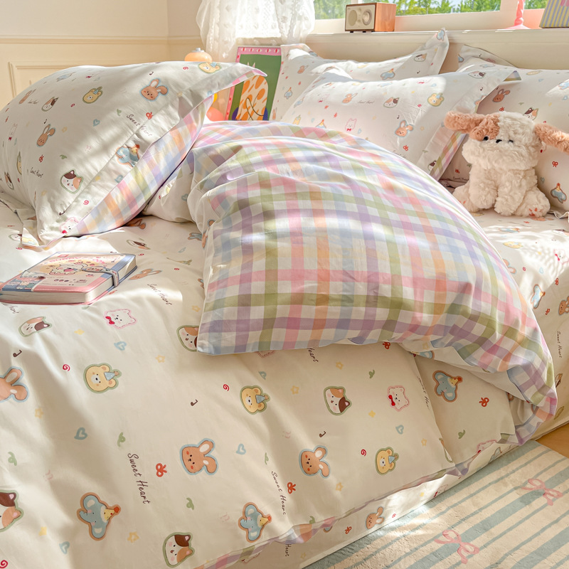 Xiaokaba algodón fresco de cuatro piezas, sábanas de algodón, ropa de cama de tres piezas para estudiantes.