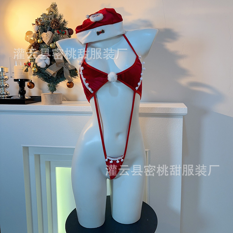 Christmas Lingerie Red Fur Ball Lace-up Christmas Cosplay Sexy Three-point Hanging Neck Jolly Jolly