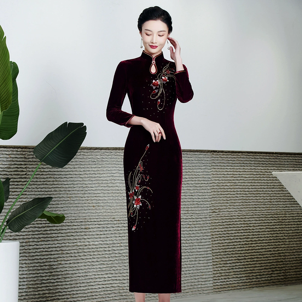 Поколение Шэньчжэнь высокого класса бархат Cheongsam банкетное платье в наличии плюс Размер Си мать-в-законе платье