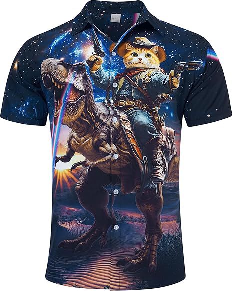 Divertido animal lindo 3D impresión digital hombre calle suelta salvaje manga corta solapa botón camisa hawaiana