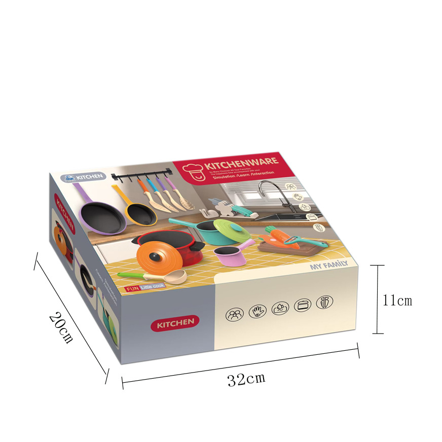 Juego lindo juguete casa cocina simulación niño niña corte música pot set caja de color embalaje