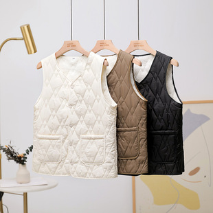 Down Cotton Vest Women's 2024 Autumn and Winter New Diamond Plaid Thickened Vest Fashionable Casual Inner Wear Base Warm Trendy