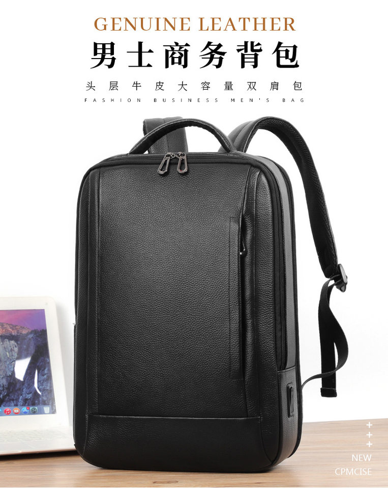 Ba lô nam da bò thật công suất lớn, ngăn laptop 16 inch, chống nước đa chức năng — Màu đen chi tiết 1