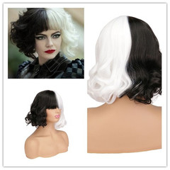 101 Spotted Dog Kuihla Wigs Black and White Two-Color Short Wavy Hair Cosplay Wig Cruella de Vil
