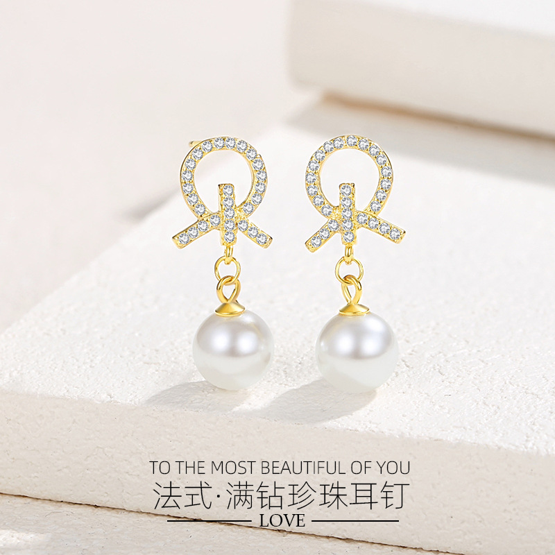 Francés geométrico completo diamante Stud pendientes S925 plata luz de lujo estilo sintético perla pendientes largos pendientes borla joyería