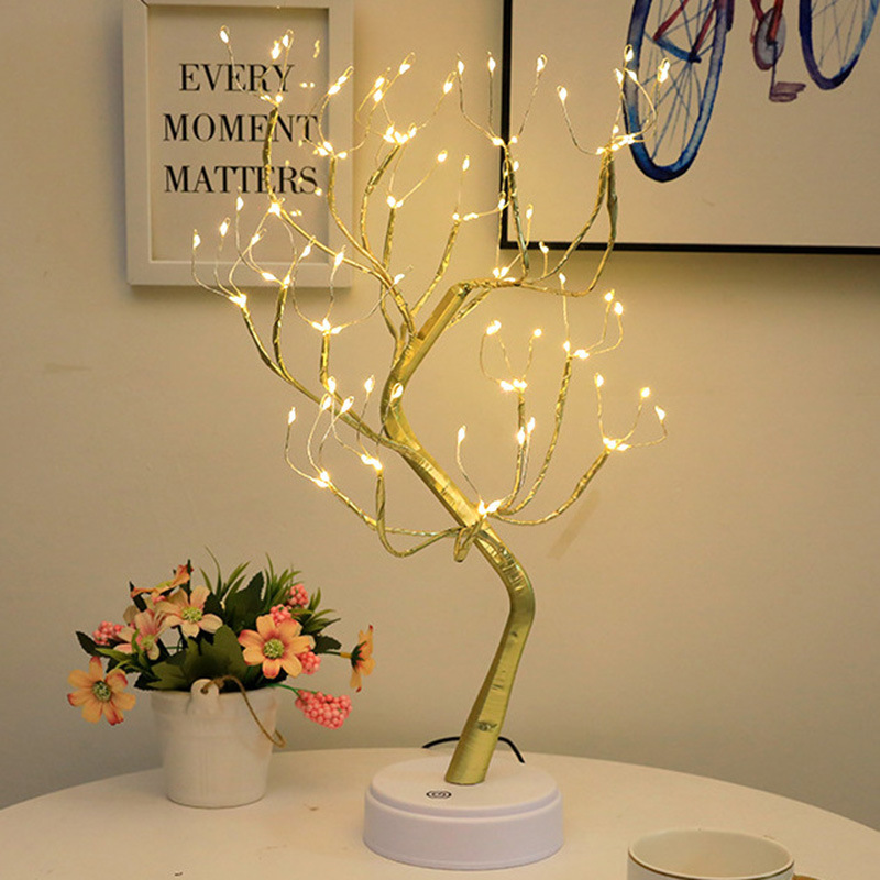 Amazon transfronterizo llevó la luz del árbol USB batería de doble propósito horizontal decorativo luz de la noche estrellada alambre de cobre luz del árbol en stock