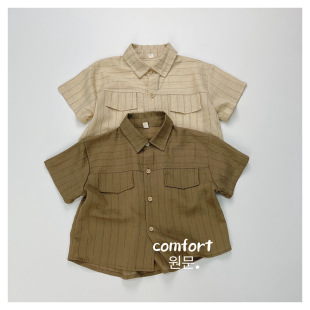Japanese and Korean Style Baby Shirt Duffy Handsome Boy Children's Cotton Linen Lapel Shirt Children's Striped Short Sleeve Cardigan Korean Style Summer Clothes