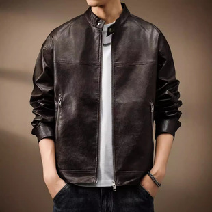 American Style Retro Harrington PU Leather Jacket Men's Autumn New Vertical Collar Maillard Bike Clothing Fashionable Jacket