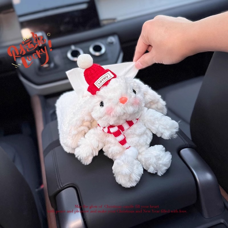 Caja de apoyabrazos de coche de conejo creativo caja de pañuelos de papel de dibujo almacenamiento en coche 2024 nuevo sentido muñeca de coche mujer