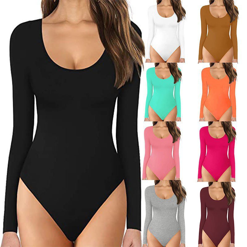 Cross-border Amazon baju wanita baru Eropa dan Amerika baru lengan panjang kerah rendah baju kasual satu potong seksi