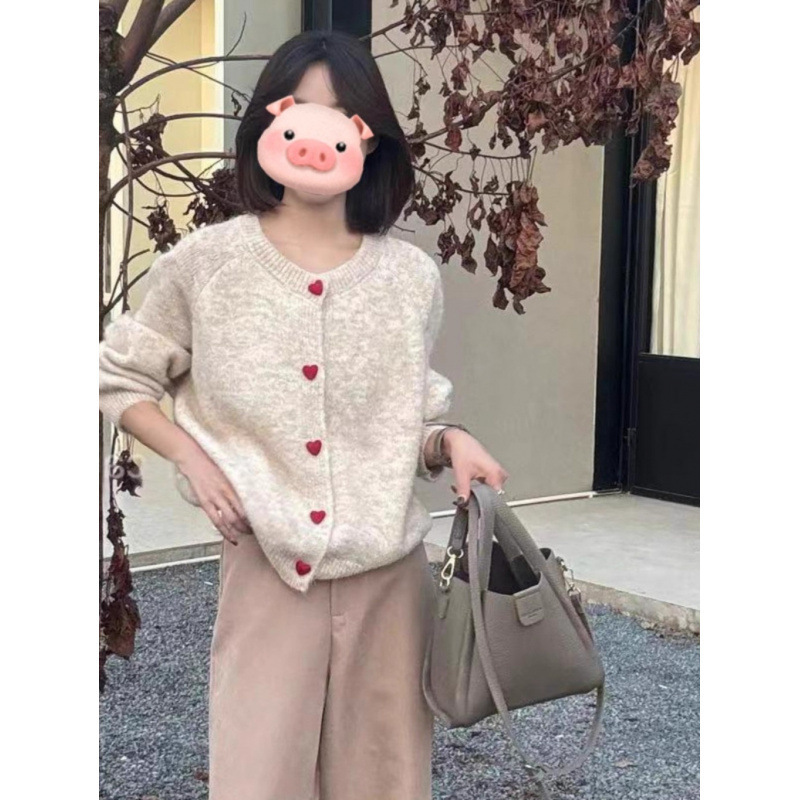 韩系温柔毛茸茸毛衣外套女秋冬宽松软糯爱心扣针织开衫插肩袖上衣|undefined