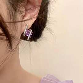 2023年新款潮高级感梦幻紫水晶锆石耳钉女银针设计感耳环百搭耳饰
