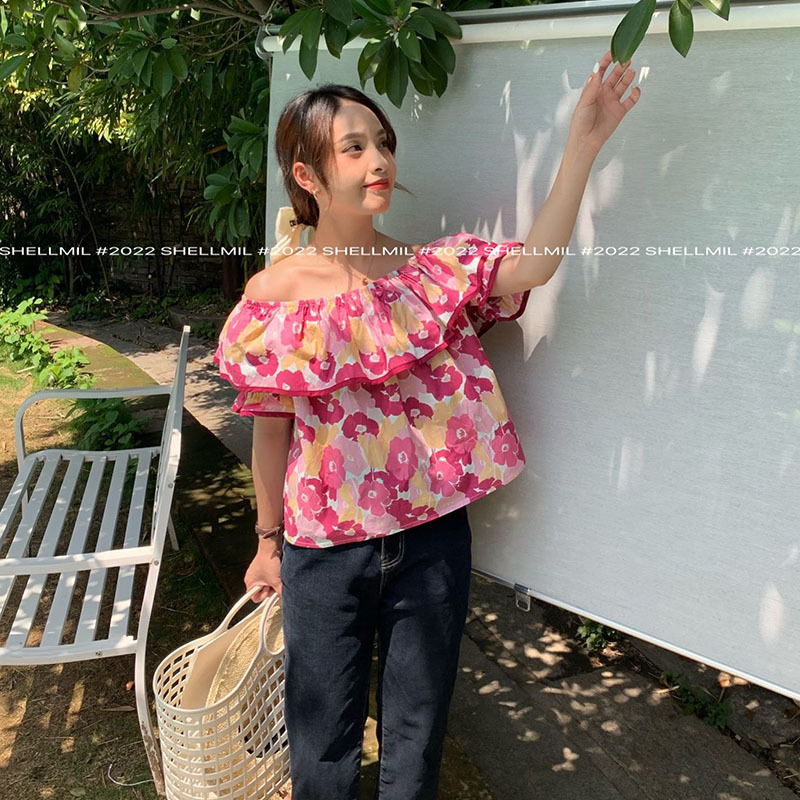 2022夏季新款清新花瓣两穿一字肩上衣短袖短款漏肩上衣小衫甜美女|ms