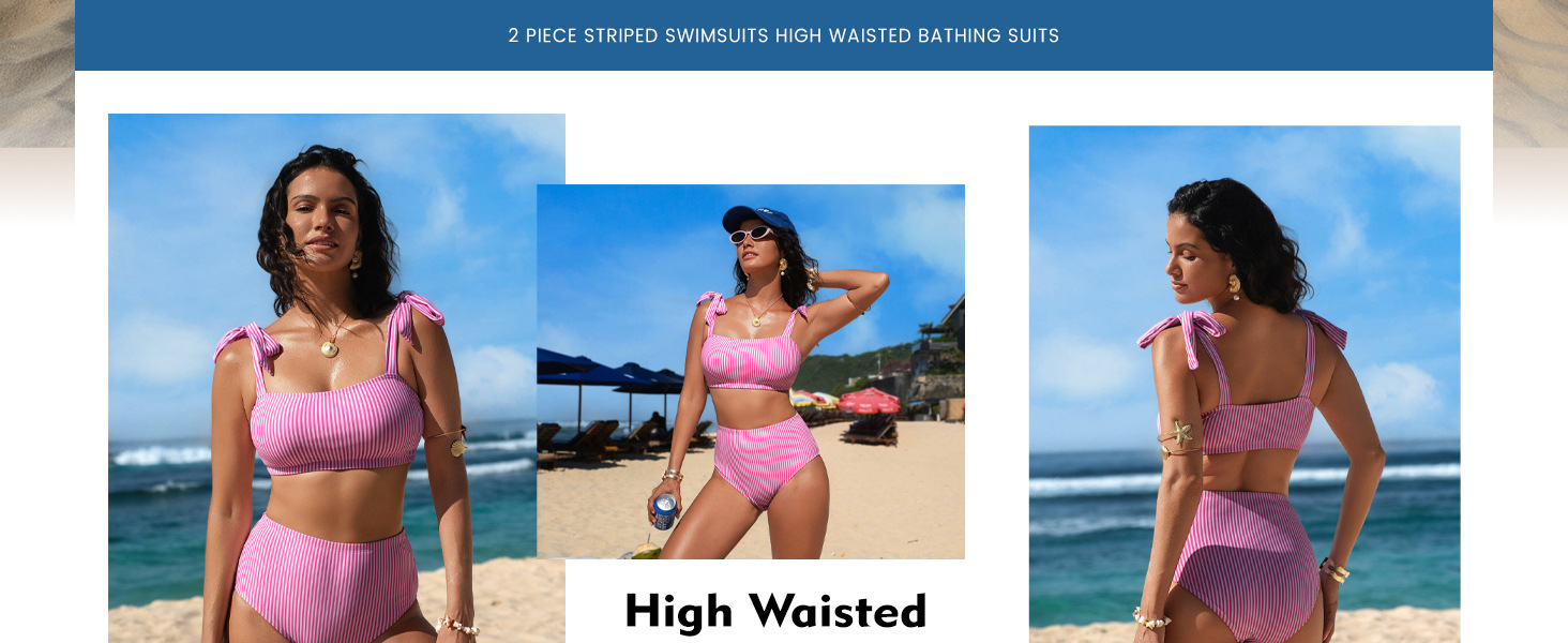 2 Piece Striped High Waisted Bathing Suit