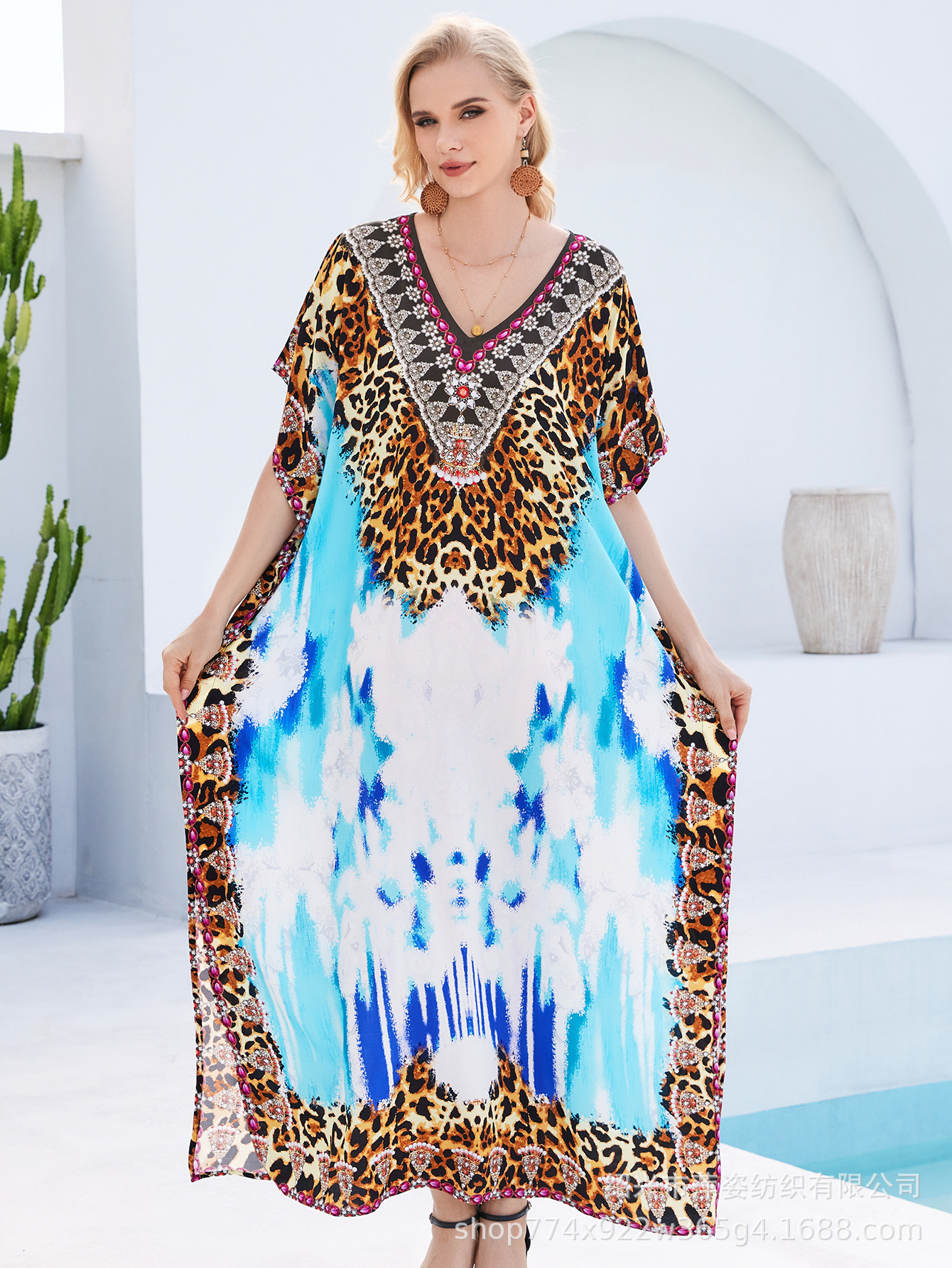 Camiseta de playa de algodón impresa de posicionamiento suelta vestido de vacaciones camisa protector solar bikini camisa AT603