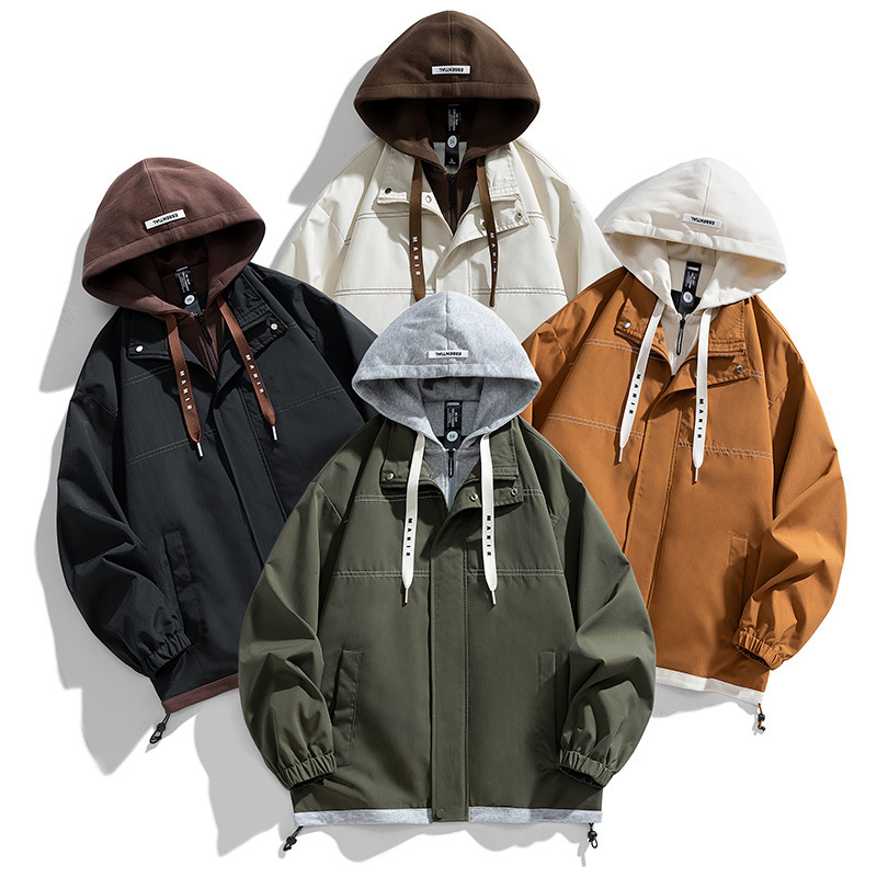 Nueva chaqueta falsa de dos piezas para hombres primavera y otoño al aire libre montaña tendencia suelta encapuchada casual de moda chaqueta versátil
