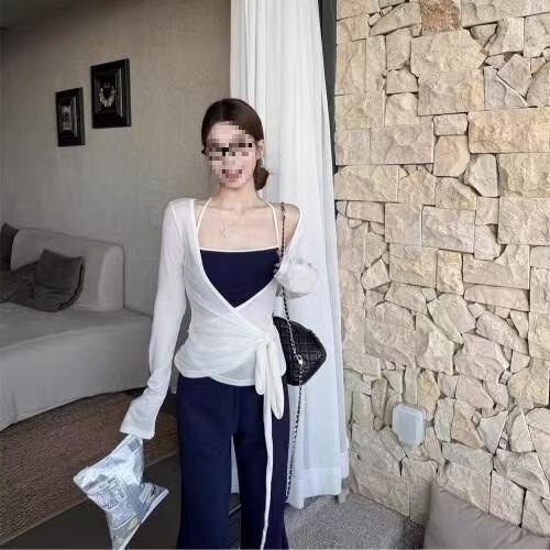 韩系辣妹秋季新款挂脖吊带长袖交叉上衣休闲裤绑带开衫套装三件套|undefined