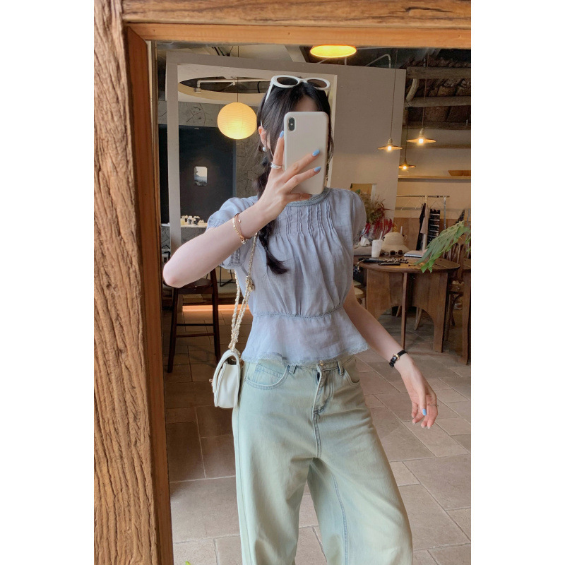 European-Style French Lace Patchwork Puff Sleeve Chiffon Blouse for Women, New Summer Model, Lyocell Tencel Ramie Short Top