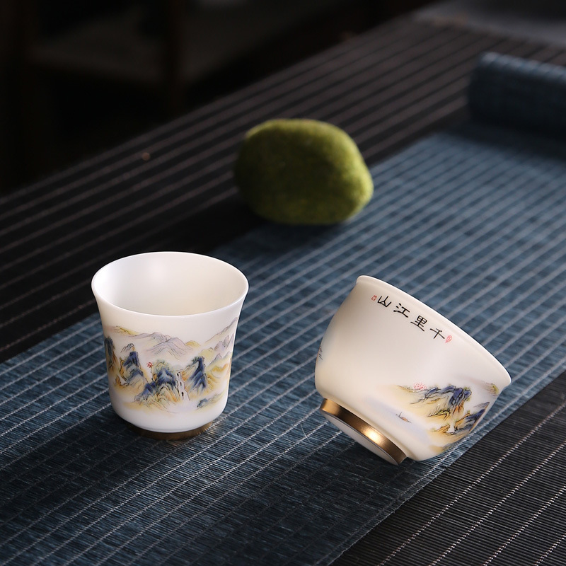 素烧羊脂玉主人杯千里江山图冰种单杯高档描金品茗杯茶杯中式陶瓷|ru