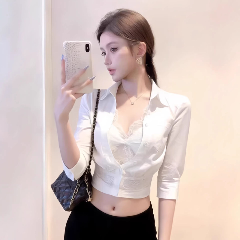 Pure Desire Style White Stunning Polo Collar Shirt for Women, Early Spring Waist-Cinching Lace Slim-Fit Shirt, Sexy Cropped Top Pure Desire Style White Stunning Polo Collar Shirt for Women, Early Spring Waist-Cinching Lace Slim-Fit Shirt, Sexy Cropped Top