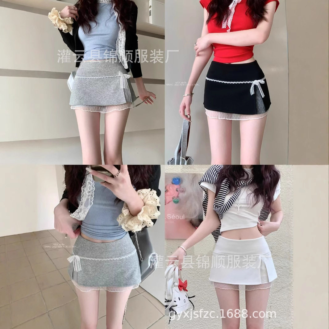 New Bow Lace Skirt for Women Summer High-Waisted Versatile Sexy Sexy Anti-Exposure Ultra-Short Hip-Hugging Skirt