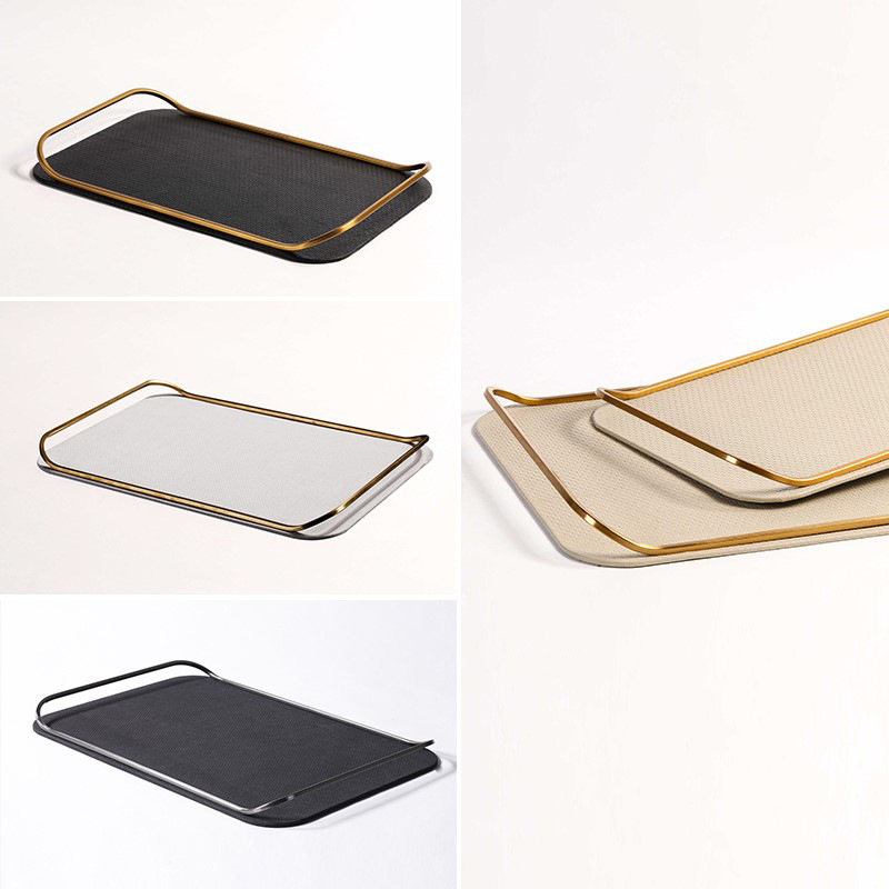 现代轻奢皮质托盘黑色米色样板高档楼处金属双耳长方形收纳盘摆件