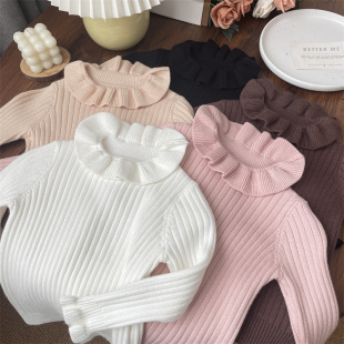 Girls' Baby Children's Lotus Leaf Lapel Knitted Base Shirt Sweater Simple Solid Color Cotton Children's Inner 2024 Autumn