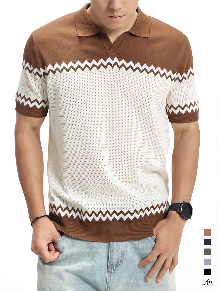 Verano hombre Paul rayas de punto gaviota cuello hielo seda polo camiseta de manga corta hombre casual de alto nivel con solapa ropa de hombre
